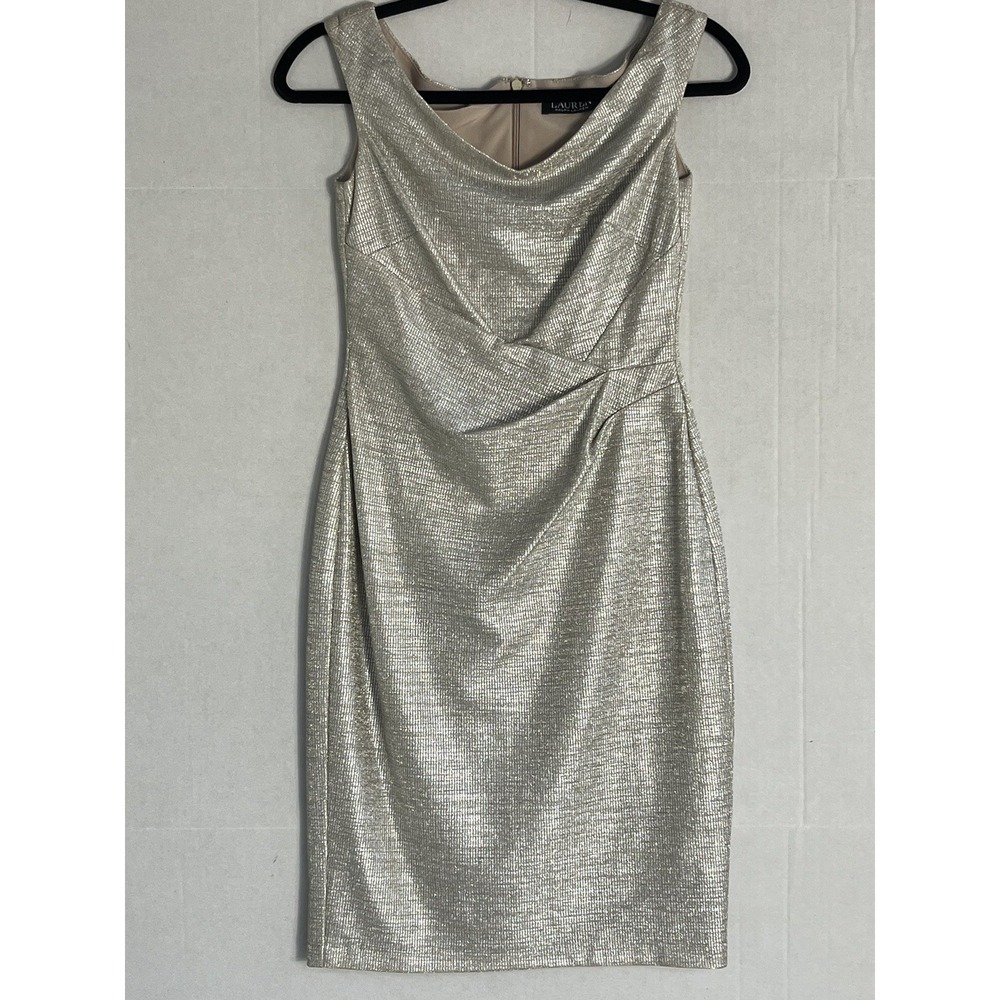 Lauren Ralph Lauren Dress Womens 0 Gold Metallic Cowl Neck Ruched Sheath Party